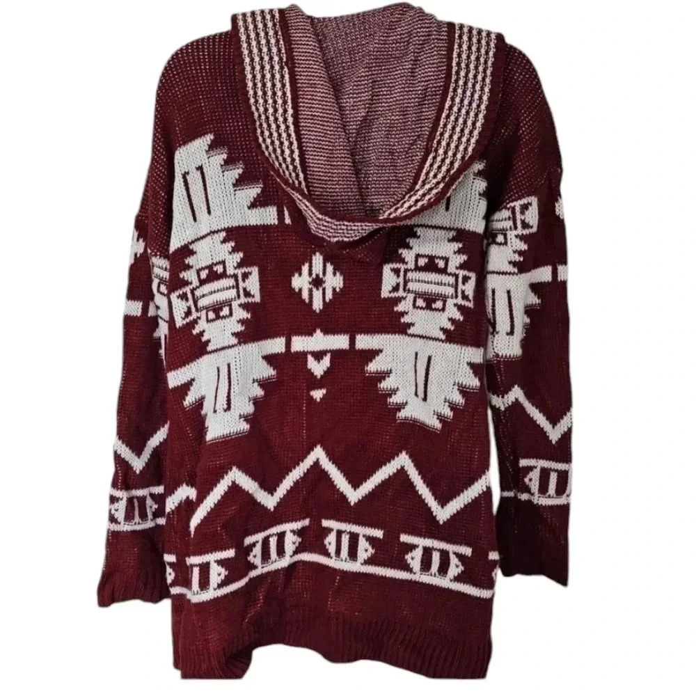 Hippie Rose Medium Red Southwest Boho Open Front Drape Cardigan Hoodie Sweater - Picture 3 of 7